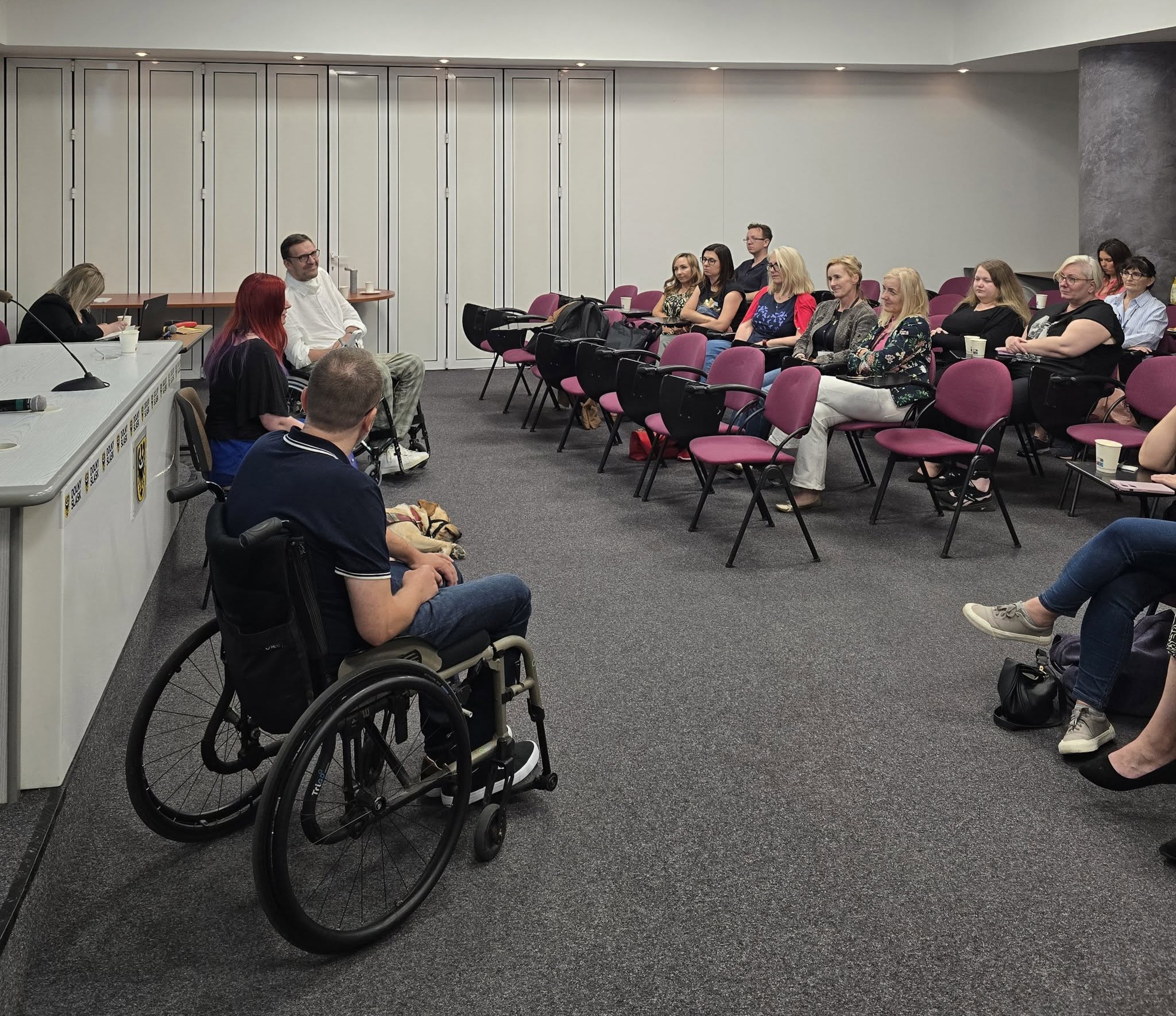 Zdjęcie przedstawia salę wykładową lub konferencyjną, w której grupa osób siedzi na krzesłach zwróconych w stronę przodu pomieszczenia. Na pierwszym planie, tyłem do widza, siedzi osoba na wózku inwalidzkim. Kilka innych osób siedzi z przodu sali, prawdopodobnie prowadząc prezentację lub dyskusję. W tle widoczne są złożone drzwi harmonijkowe.