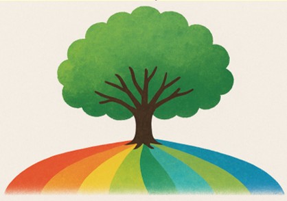 Ilustracja przedstawiająca drzewo o bujnej, zielonej koronie i brązowym pniu. Drzewo jest posadzone na ziemi w kształcie półokręgu, która jest w kolorach tęczy, od czerwonego po niebieski. Styl grafiki przypomina akwarele.