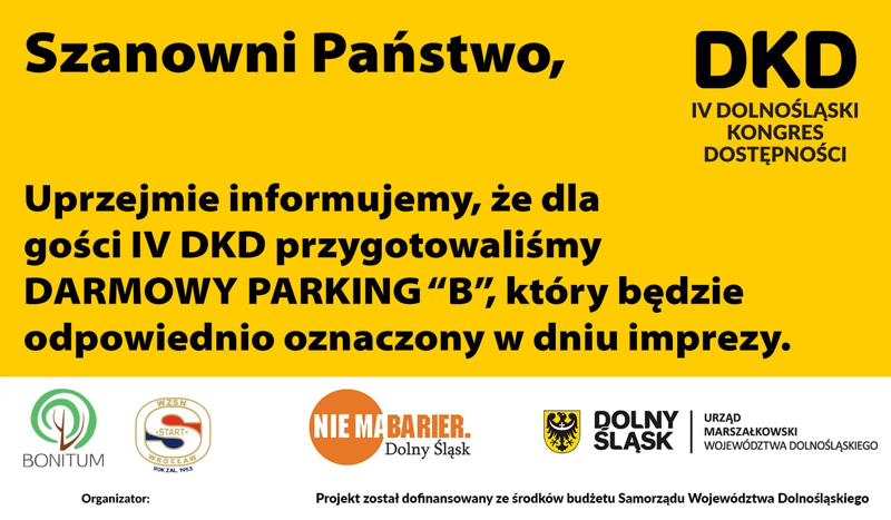 Informacja na żółtym tle) o darmowym parkingu "B" dla uczestników kongresu