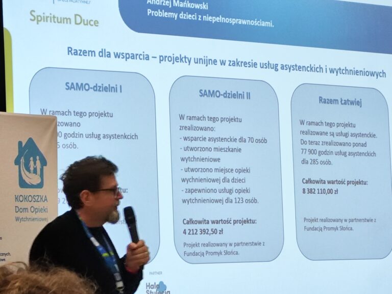 Prelegent w okularach i z brodą mówi do mikrofonu, stojąc przed ekranem z prezentacją „Razem dla wsparcia”. Slajd opisuje projekty unijne: SAMO-dzielni I, SAMO-dzielni II oraz Razem łatwiej, podając kwoty ich dofinansowania.