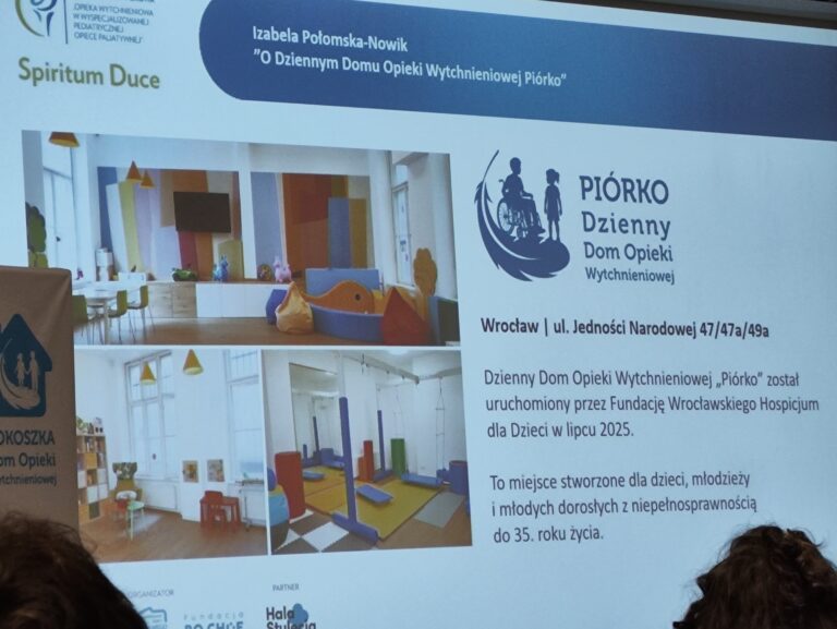 Zdjęcie ekranu z prezentacją Izabeli Połomskiej-Nowik o „Dziennym Domu Opieki Wytchnieniowej Piórko”. Na slajdzie widać logo placówki oraz trzy zdjęcia wnętrz: kolorową salę zabaw, kącik do odpoczynku oraz salę do rehabilitacji.